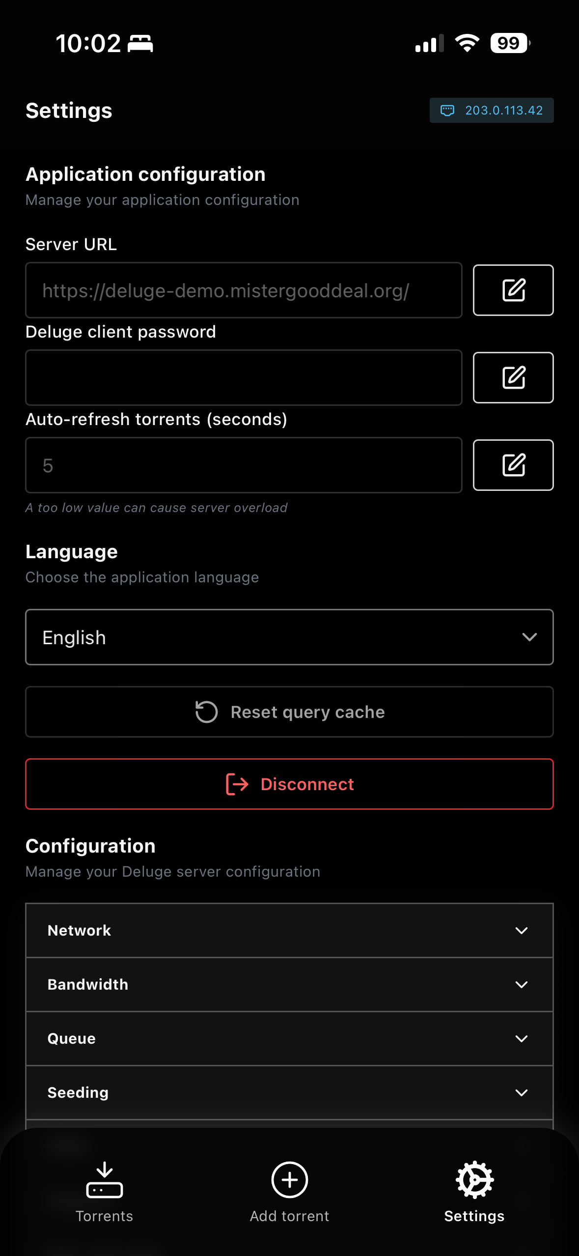 Deluge Client settings screen