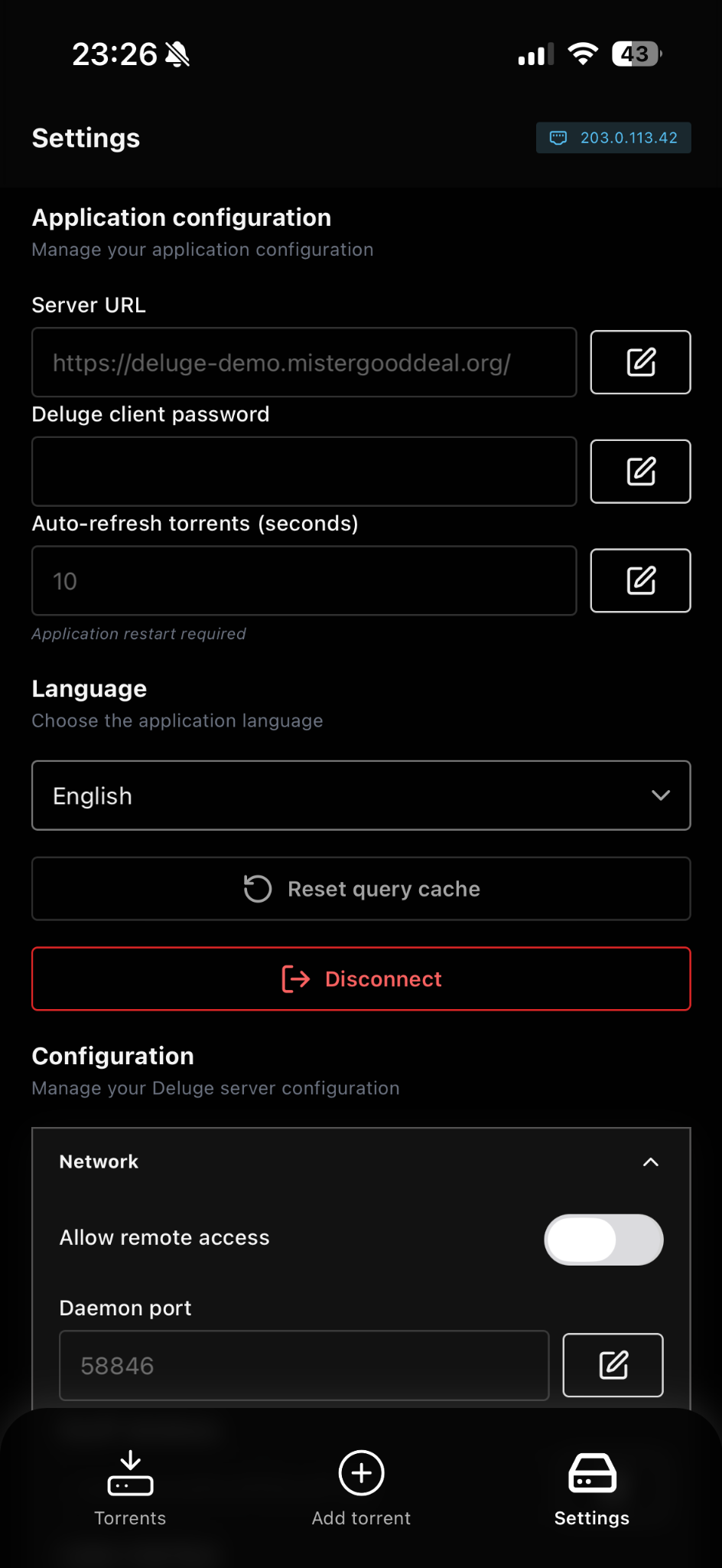 Deluge Client settings screen